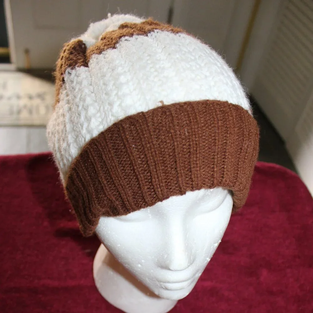 Vintage Ladies Knit Beanie Brown/Cream
